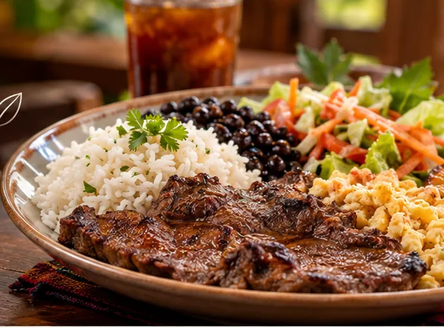 Casado típico con bistec, arroz, frijoles y maduro