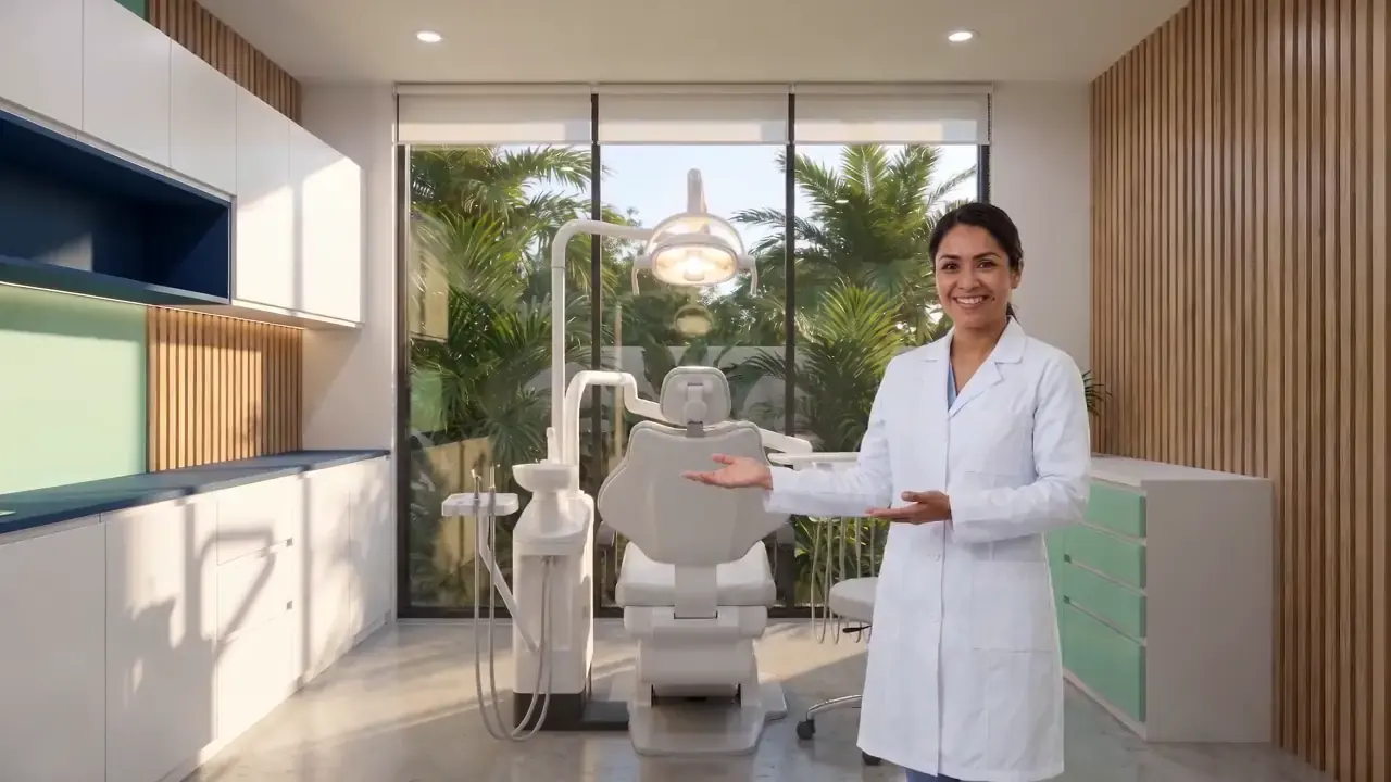 Consultorio con sillón dental y vista al jardín