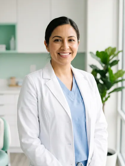 Doctora sonriente con gabacha blanca en la clínica